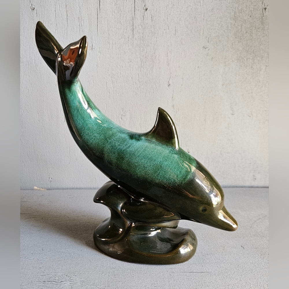 Vintage Blue Mountain Pottery Dolphin Figurine Drip Glaze Teal Black Canada
